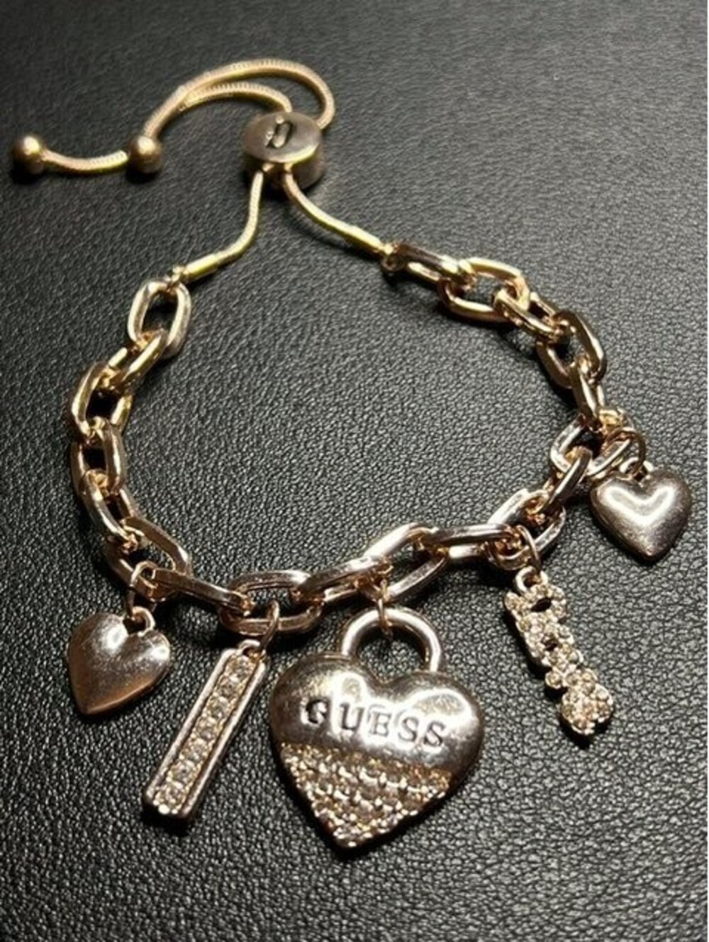 B6340 GUESS Charm Bracelet heart Bolo Slider Pave Crystal rose Tone up to 10"